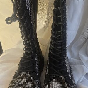 Women's Black Rhinestone Lace-Up Combat Boots
